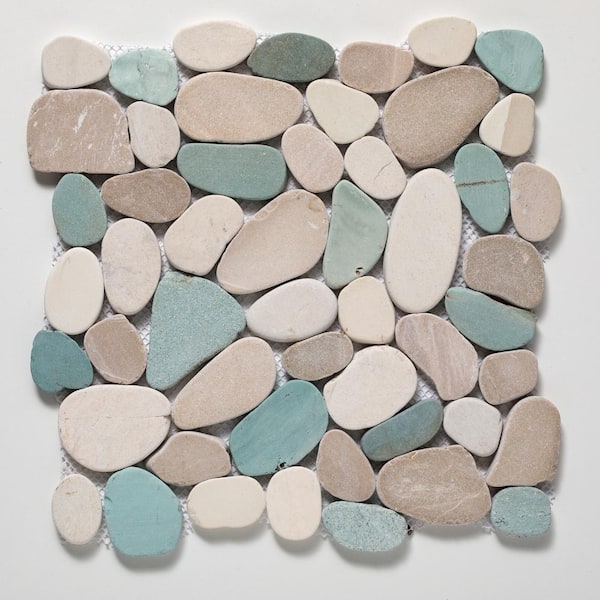 Unbranded Sliced Pebble Tile Green/Tan/White/Natural 11-1/4 in. x 11-1/4 in. x 9.5mm Honed Pebble Mosaic Tile (9.61 sq. ft./case)