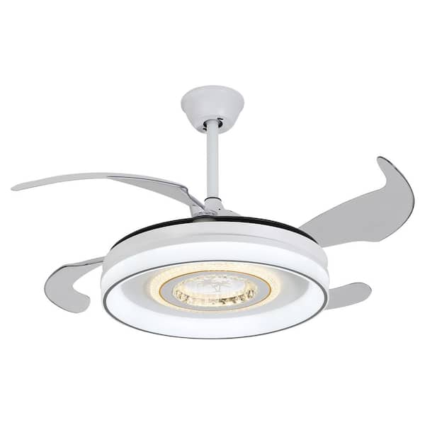 OUKANING Indoor White Modern Retractable 42.13 in. Fandelier Ceiling Fan with 3-Color Integrated LED, Reversible Motor and Remote