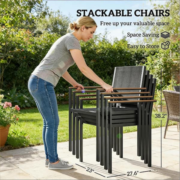 5-Piece Acacia Wood Outdoor Dining Set with Teak Table and 4 Black