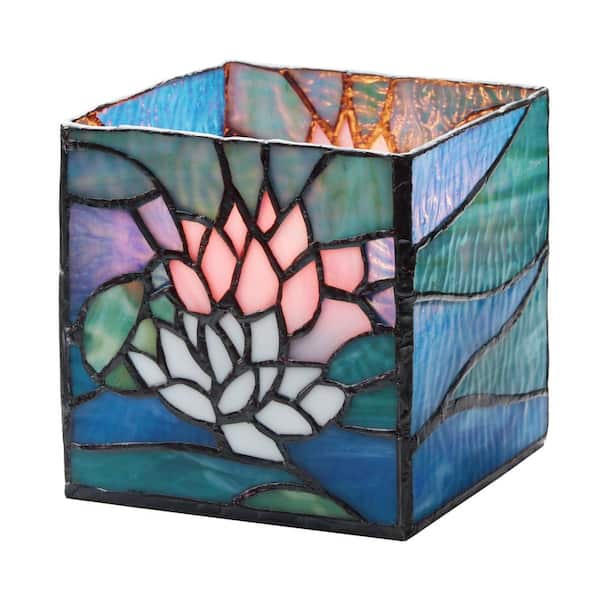 Blue Pond Lilies Multi-Colored Stained Glass Candle Holder