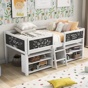 White Twin Low Loft Bed with 2-Movable Shelves and Ladder