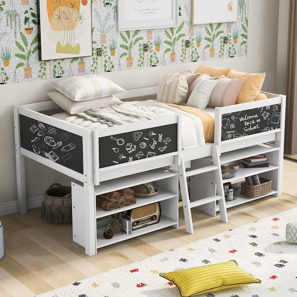 Qualler White Twin Low Loft Bed with 2-Movable Shelves and Ladder