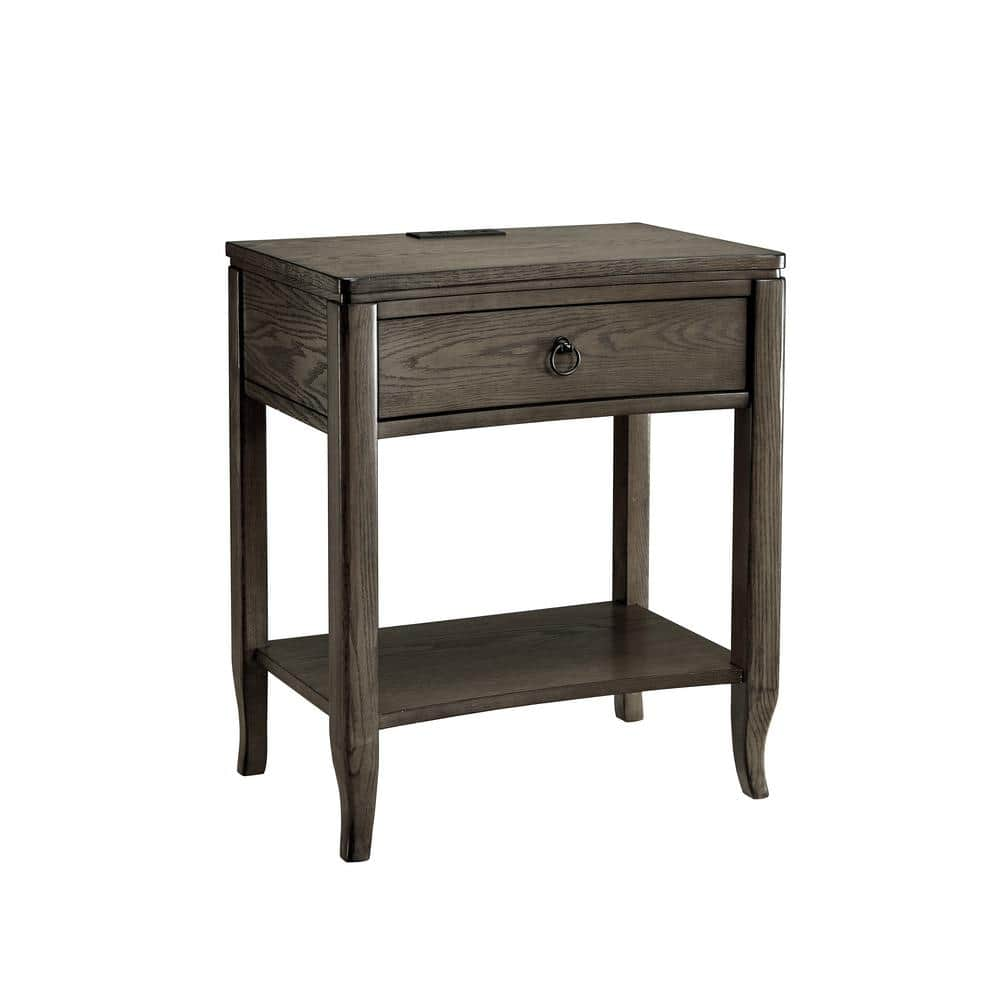 Oak Recessed-Drawer 24 in. W x 16 in. D x 28 in. H Smoke Gray Nightstand Side Table with Top AC/USB Outlet and Shelf