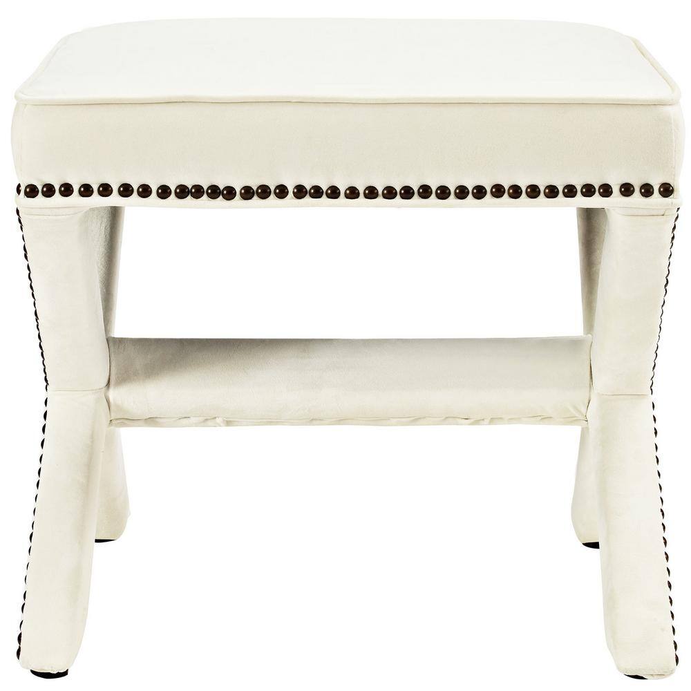 Elegant Ivory Velvety Polyester Nailhead Trim Bench