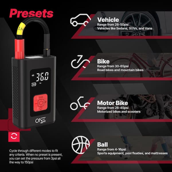 One Tire Inflator Portable Air Compressor&Portable Air Pump with LCD Display 5200mAh/7.4V Battery in Black