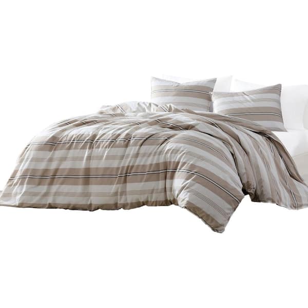 Benjara Eva 4- Piece Ivory and Beige Striped Cotton Queen Comforter Set