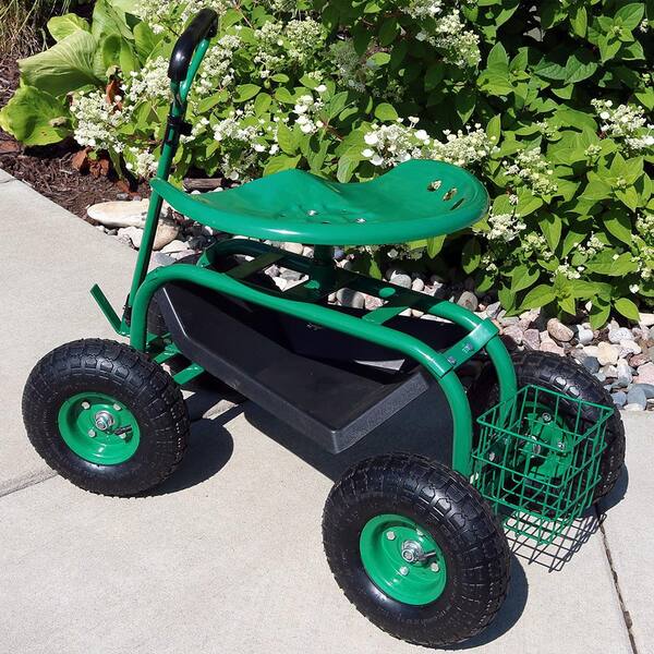 Green Sunnydaze Rolling Garden Cart w/ Extendable Steering Handle Seat & Tray 
