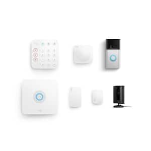 Alarm Kit 2nd Gen (5-Pack) with Video Doorbell - Satin Nickel with Indoor Cam 2nd Gen, Black