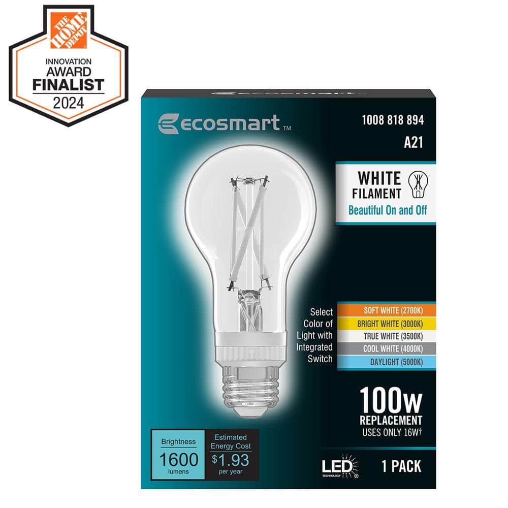 EcoSmart 100-Watt Equivalent A21 Dimmable White Filament CEC Clear Glass E26 Medium Base LED Light Bulb Selectable White (1-Pack), image size:1000x1000