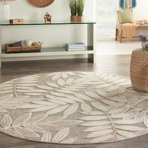 Aloha Natural 8 ft. Round Floral Modern Indoor/Outdoor Area Rug