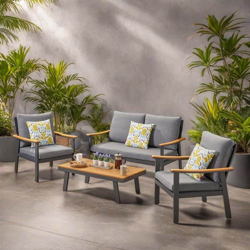(4-Piece Set) Gray Aluminum Outdoor Love Seat Built-Up Sofa Chat Set Reclin