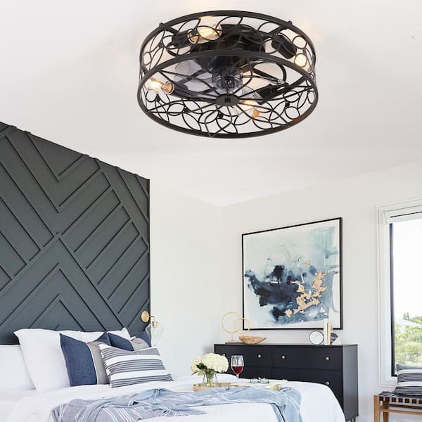 18 in. 4-Light Indoor Black Vintage Caged Low Profile Ceiling Fan Flush Mount Remote Control with No Bulbs Included