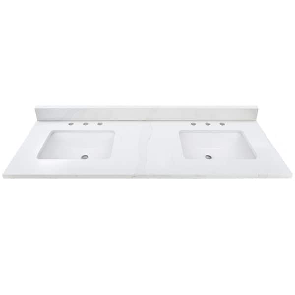 Avanity 61 in. W x 22 in. D Quartz White Rectangular Double Sink Bathroom Vanity Top in Calacatta White