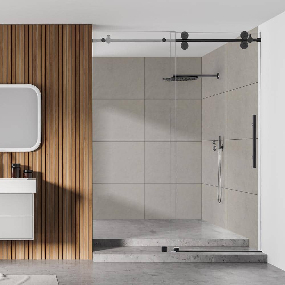 Matte Black Frameless Sliding Shower Door with Clear Glass