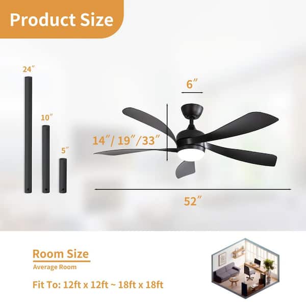 52 in. Integrated LED Indoor Downrod Mount Matte Black Standard Ceiling Fan with Dimmable Light and Remote DC Motor