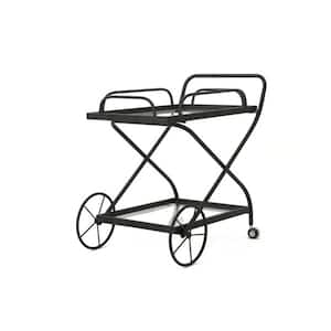 Outdoor Patio Metal Bar Serving Cart with Transluscent Tempered Glass Shelves in Black