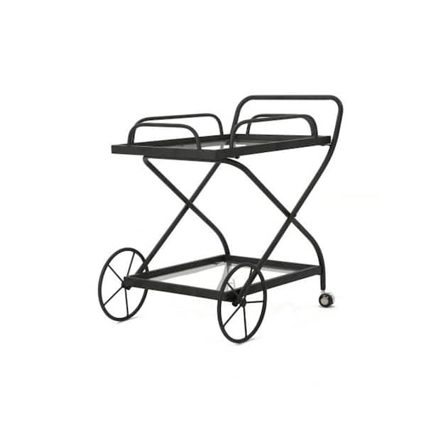 ITOPFOX Outdoor Patio Metal Bar Serving Cart with Transluscent Tempered Glass Shelves in Black
