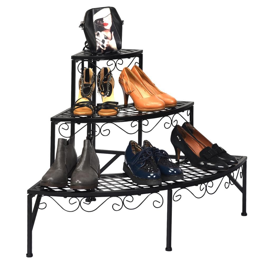 Elegant Black Metal 3-Tier Corner Plant Stand Display Rack