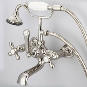 3-Handle Vintage Claw Foot Tub Faucet with Handshower and Cross Handles in Polished Nickel PVD