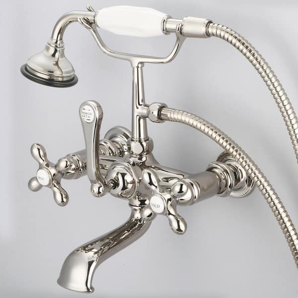 Water Creation 3-Handle Vintage Claw Foot Tub Faucet with Handshower and Cross Handles in Polished Nickel PVD