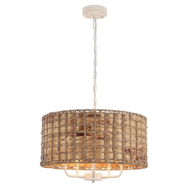 5-Light Distressed White Drum Bohemian Chandelier with Hand Woven Shade