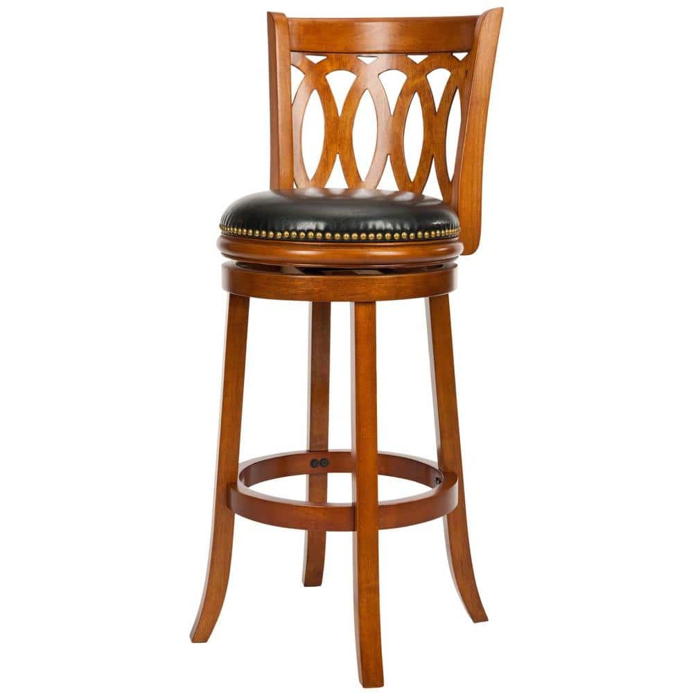Transitional Baldwin Carved Swivel Barstool in Dark Oak & Black Leather