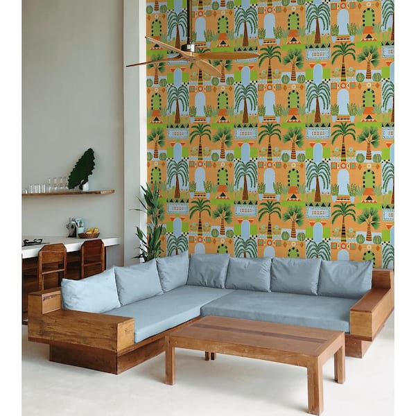 30.75 sq. ft. Orange Tropical Facade Vinyl Peel and Stick Wallpaper Roll