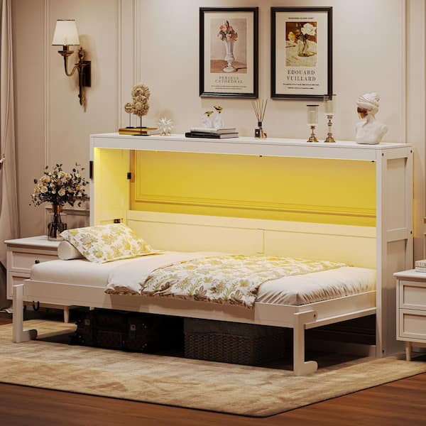 White Wood Frame Twin Size Murphy Bed with LED Light, Hidden Wall Bed Cabinet