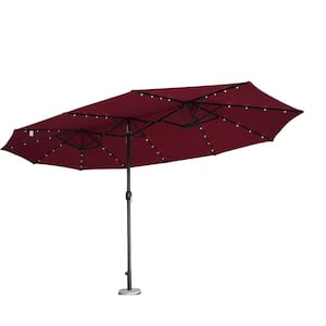 15 ft. Iron Market Solar Patio Umbrella with LED Lights in Wine