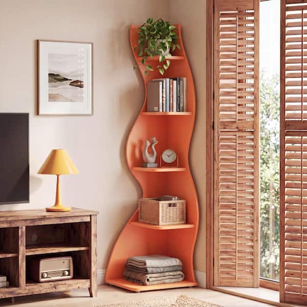 BYBLIGHT Eulas 69.8 in. Tall Orange Wood 5-Shelf Standard Bookcase