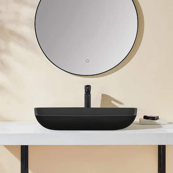 22 in. Corner Rectangular Bathroom Sink with Faucet and Pop-Up Drain in Matte Black Glass