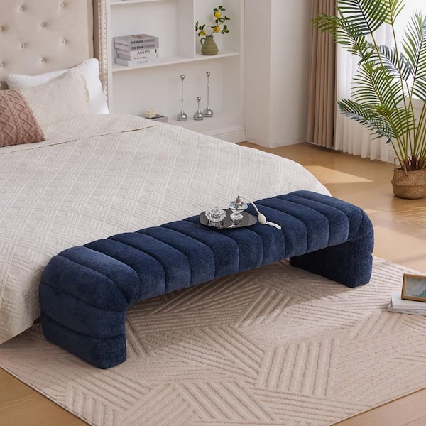 69.7 in. Navy Channel Tufted Chenille Bed Bench-Storage Ottoman Foot Stool for Living Room and Bedroom, Entryway
