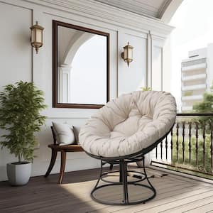 Papasan Chair with Brown Wicker Metal Frame and Beige Cushions Outdoor Lounge Chair