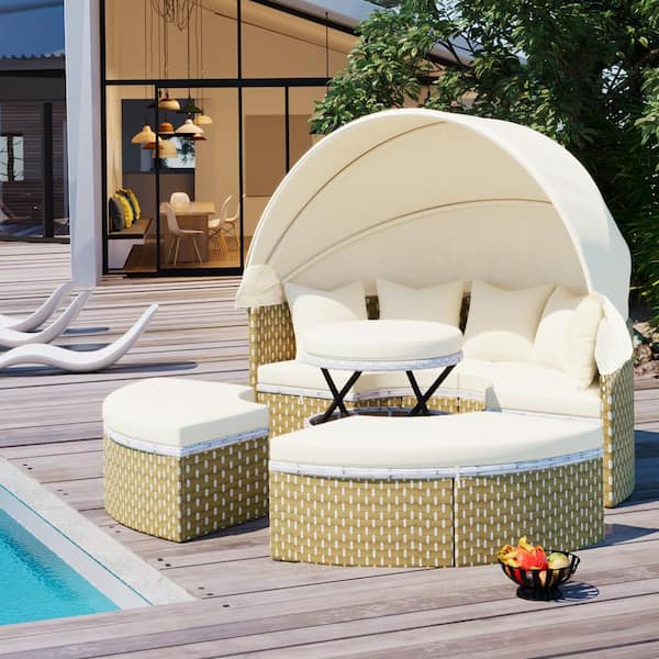 Cesicia 4-Piece Yellow Wicker Round Outdoor Day Bed with Beige Cushion and Retractable Canopy