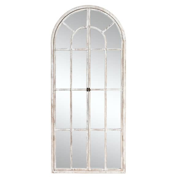 PexFix Farmhouse 31.5 in. W x 70.9 in. H Arched Wood Framed Full Length Mirror With Opening Door in Weathered White