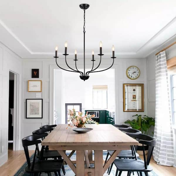 6-Light Black Candlestick Hanging Ceiling Linear Chandelier Lighting for Kitchen Island