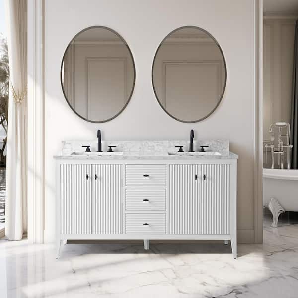Vanity Art 60 in. W x 22 in D x 38 in. H Double Sink Bathroom Vanity Cabinet in Linear White with White Engineered Marble Top