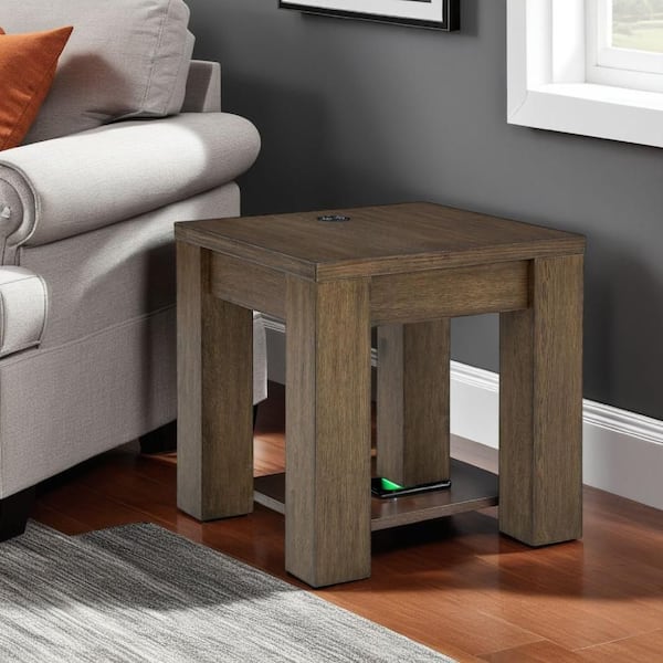 Benjara Wain 24 in. Brown Rectangle Wooden End Table with Wireless Charging