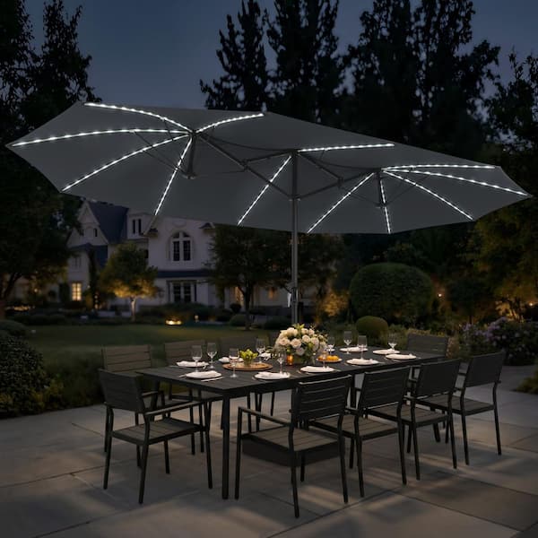 15 ft tilting patio umbrella Emma and Oliver Ewing Weather and Water-Resistant Triple Head with Crank Handle and Easy Lift in Tan sunny day will be yours to cherish with a polyester canopy that provides UV 50 protection Alpha Joy 15ft Extra Large