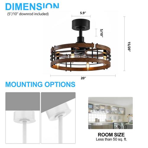 20 in. Indoor LED Black Small Farmhouse Ceiling Fan with Light Bulbs and Remote Control Included Lighting