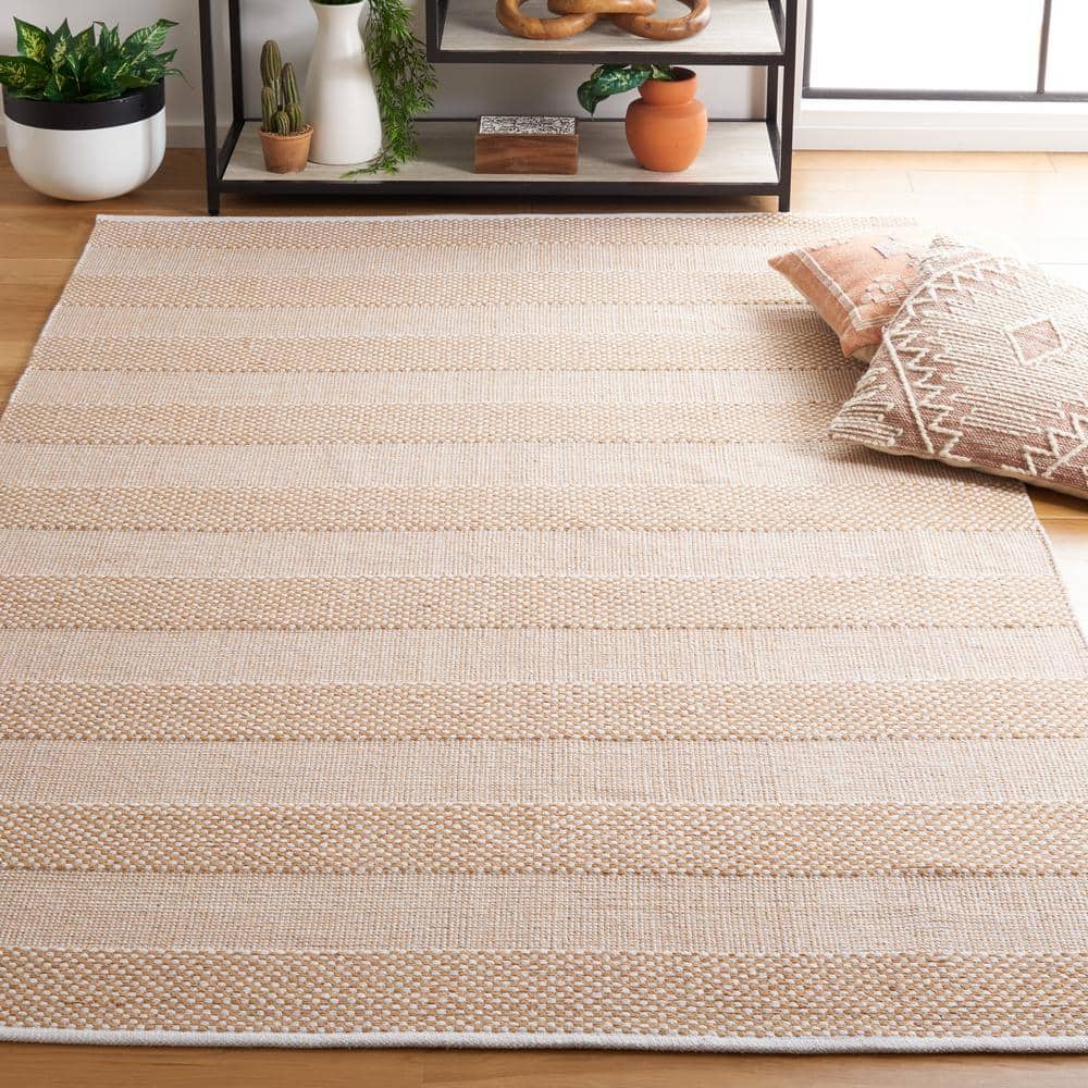 Ivory and Gold Striped Flat Woven Wool Cotton Area Rug 3'x5'