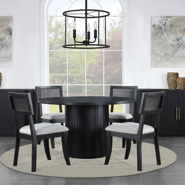 Colvin 5-Piece 52 in. Round Black Wood Dining Room Set with 4-Cushioned Side Chairs