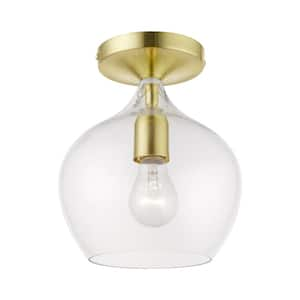 Aldrich 8 in. 1-Light Satin Brass Semi-Flush Mount with Polished Brass Accent and Clear Glass