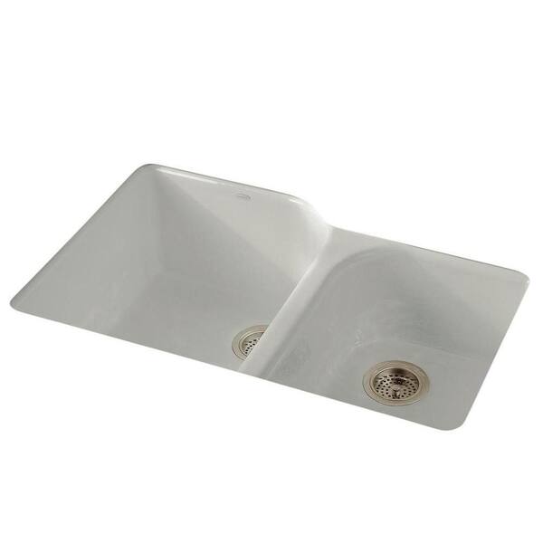KOHLER Executive Chef Undermount Cast-Iron 33 in. 4-Hole Double Bowl Kitchen Sink in Ice Grey