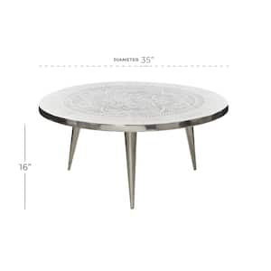 35 in. Silver Medium Round Aluminum Floral Coffee Table with Etched Design