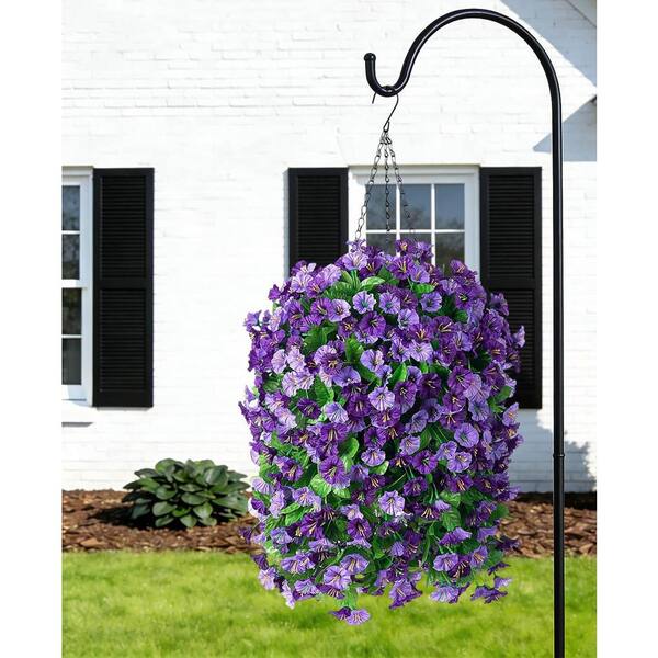 25 in. Purple Outdoor Hanging Artificial Petunia in Brown Basket