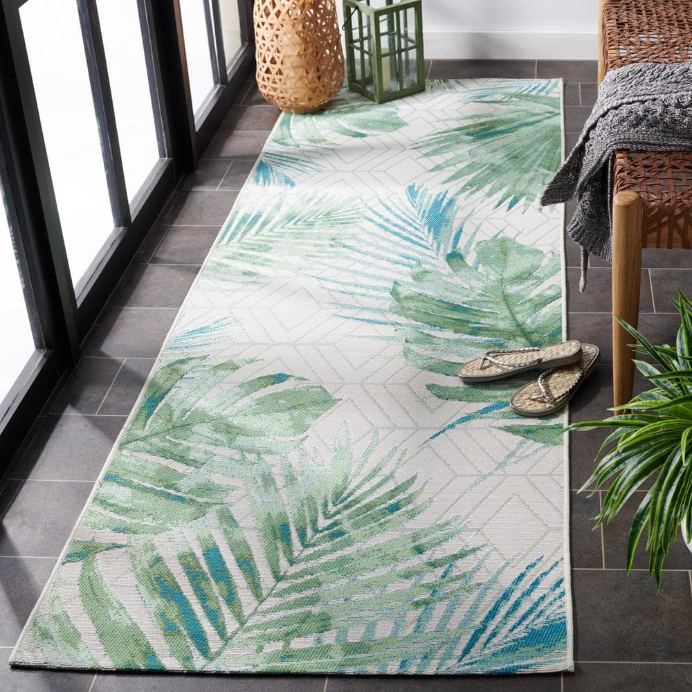 Green and Teal Tropical Leaf Pattern Synthetic Runner Rug, 2'8" x 8'