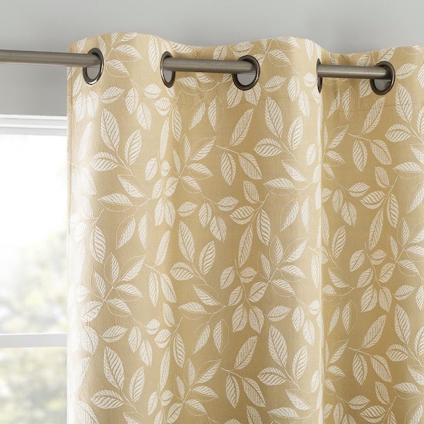 Sun Zero Satti Embroidered Leaf Gold Polyester 40 in. W x 96 in. L Grommet 100% Blackout Curtain (Single Panel)