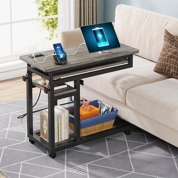 BYBLIGHT Kerlin 31.5 in. Height Adjustable Gray C-shaped Engineered Wood End Table with Power Outlets and Wheels