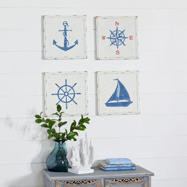 Litton Lane Metal Cream Speckled Sail Boat Wall Decor with Anchor, Compass, and Ship Wheel (Set of 4)